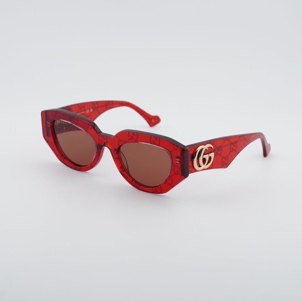 Gucci GG1421S 006 Sunglasses Transparent Red with GG Pattern Geometric Frame